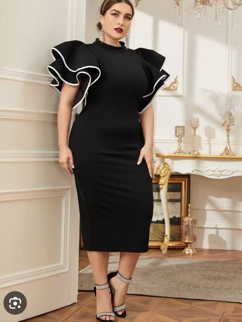 SHEIN Black Midi Dress with White-Trim Ruffle Sleeves